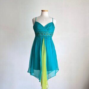 Vintage Y2K Laundry By Shelli Segal Teal Beaded Silk Chiffon Fairy Dress Size 4